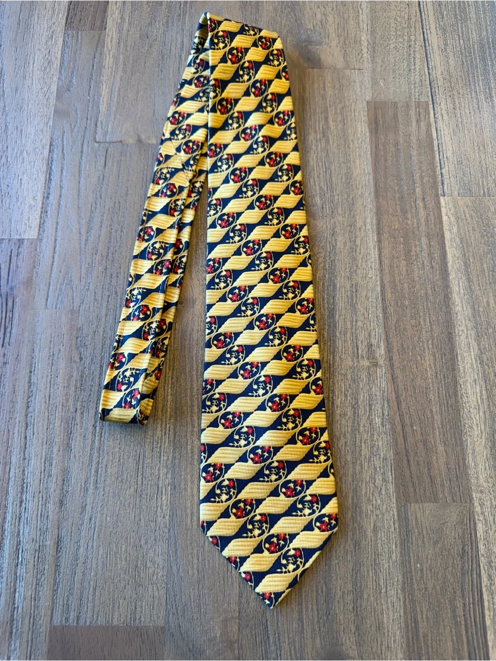 Pierre Balmain Paris 100% Silk Floral Geometric Necktie Gold Navy Red 3.5”